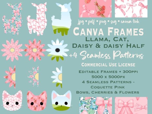 Llama Daisy Cat Canva Frame, Bow Pattern Graphics